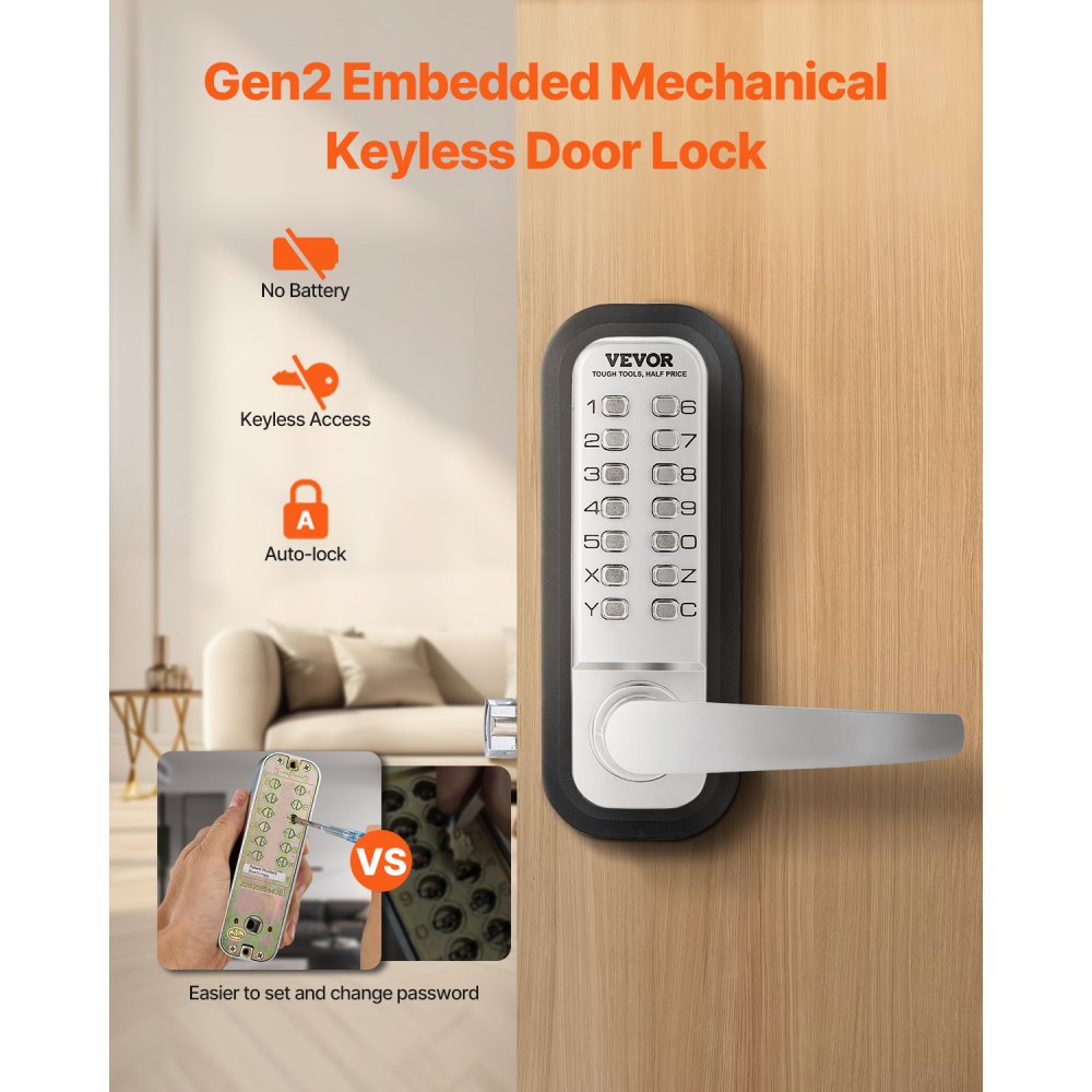 VEVOR Mechanical Keyless Entry Door Lock, 14 Key Mechanical Door Lock, Mechanical Keypad Door Lock with Handle, Stainless Steel Waterproof Keyless Gate Lock, for Home Office Outdoor Fence Garage Yard