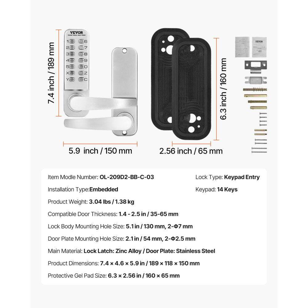 VEVOR Mechanical Keyless Entry Door Lock, 14 Key Mechanical Door Lock, Mechanical Keypad Door Lock with Handle, Stainless Steel Waterproof Keyless Gate Lock, for Home Office Outdoor Fence Garage Yard