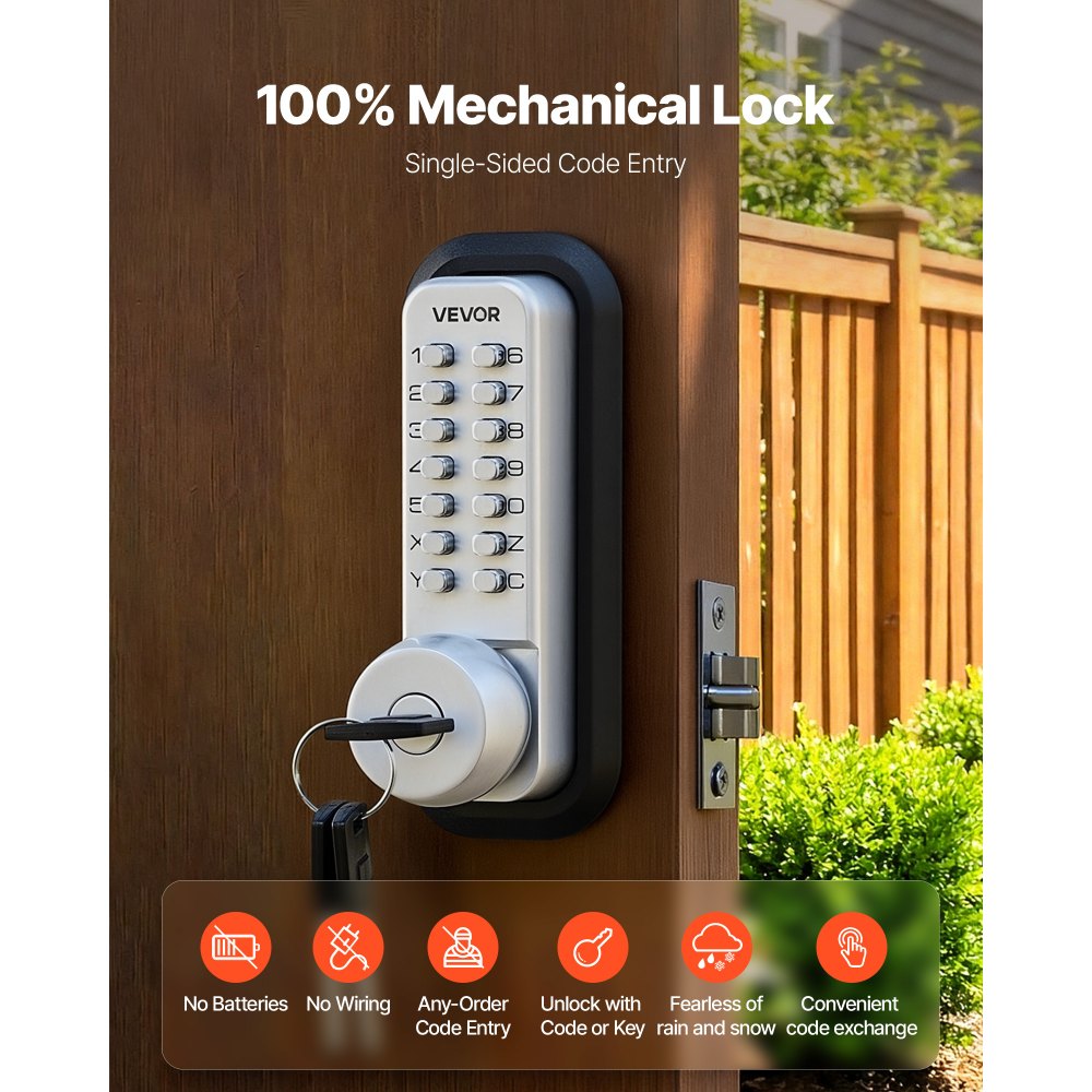 VEVOR Mechanical Keyless Entry Door Lock, 2.0 Code Upgrade, 4-7 Digits Code, Single-Sided Push Button Combination Mechanical Keypad Door Knob, Auto Locking, for Garden Gates, Indoor or Outdoor, Silver