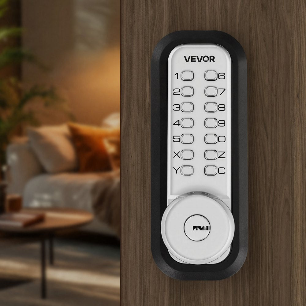 VEVOR Mechanical Keyless Entry Door Lock, 2.0 Code Upgrade, 4-7 Digits Code, Single-Sided Push Button Combination Mechanical Keypad Door Knob, Auto Locking, for Garden Gates, Indoor or Outdoor, Silver