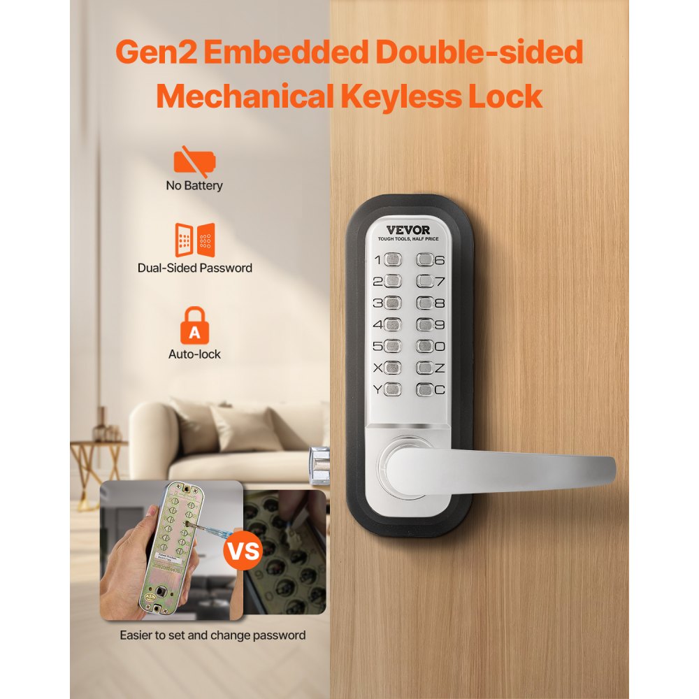 VEVOR Mechanical Keyless Entry Door Lock, 14 Key Mechanical Door Lock, Mechanical Keypad Door Lock with Handle, Double-Sided Stainless Steel Waterproof Keyless Gate Lock, for Home Office Yard, Sliver