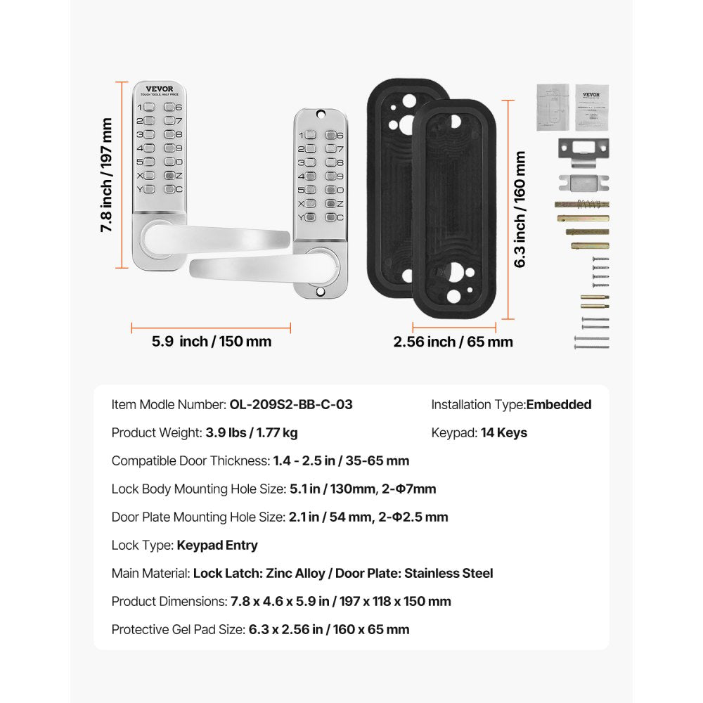 VEVOR Mechanical Keyless Entry Door Lock, 14 Key Mechanical Door Lock, Mechanical Keypad Door Lock with Handle, Double-Sided Stainless Steel Waterproof Keyless Gate Lock, for Home Office Yard, Sliver