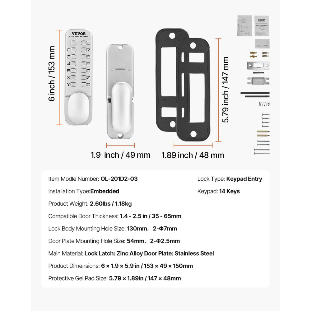VEVOR Mechanical Keyless Entry Door Lock, 14 Key Mechanical Door Lock, Mechanical Keypad Door Knob, Single-Side Stainless Steel Waterproof Keyless Gate Lock, for Home Office Outdoor Fence Garage Yard