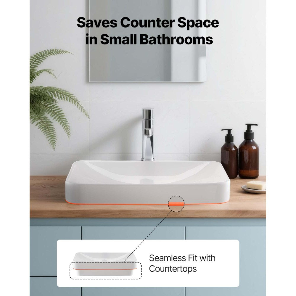 VEVOR Semi Recessed Bathroom Sink, 19.29 x 12.01 Inch Rectangular White Ceramic Vessel Sink with 1-3/4 Inch Drain Hole, Drop in Modern Lavatory Vanity Bath Wash Bowl Basin, Rectangle for Small Space
