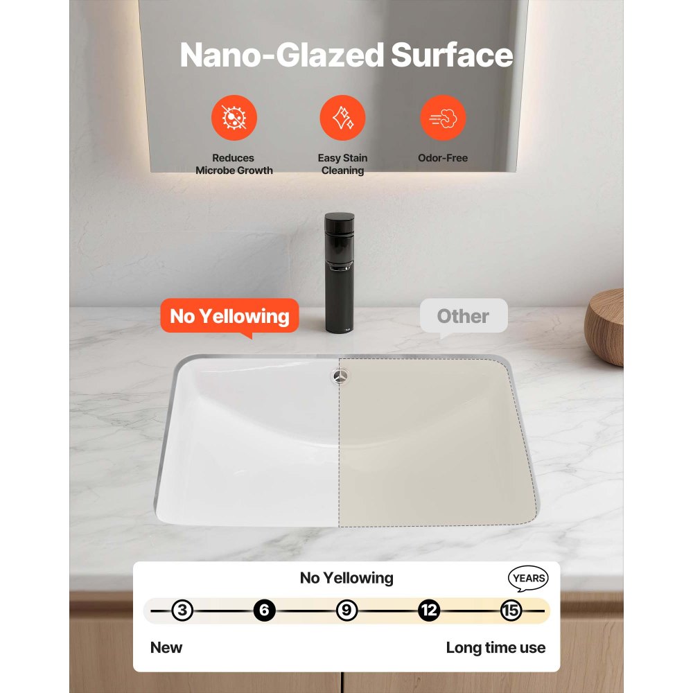 VEVOR Undermount Bathroom Sink, 20.87 x 14.76 Inch Rectangular White Ceramic Vessel Sink with Overflow Hole, Under Counter Drop in Modern Lavatory Vanity Bath Wash Bowl Basin, Rectangle Small Space