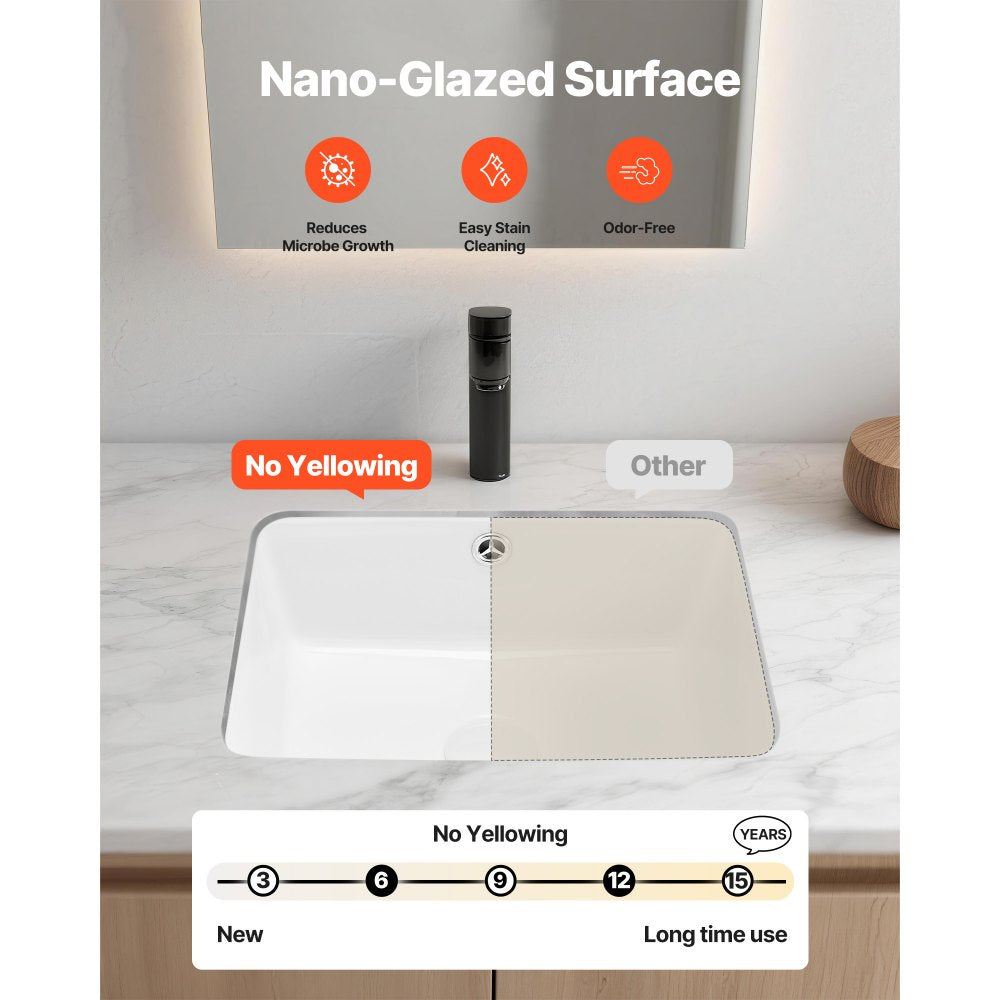 VEVOR Undermount Bathroom Sink, 15.75 x 12.01 Inch Rectangular White Ceramic Vessel Sink with Overflow Hole, Under Counter Drop in Modern Lavatory Vanity Bath Wash Bowl Basin, Rectangle Small Space