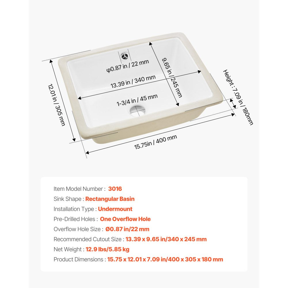 VEVOR Undermount Bathroom Sink, 15.75 x 12.01 Inch Rectangular White Ceramic Vessel Sink with Overflow Hole, Under Counter Drop in Modern Lavatory Vanity Bath Wash Bowl Basin, Rectangle Small Space