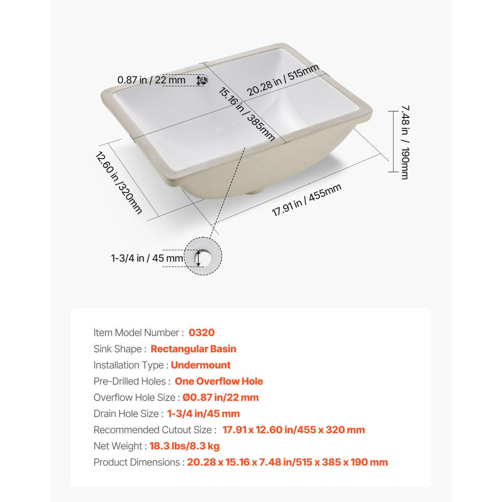 VEVOR Undermount Bathroom Sink, 20.28 x 15.16 Inch Rectangular White Ceramic Vessel Sink with Overflow Hole, Under Counter Drop in Modern Lavatory Vanity Bath Wash Bowl Basin, Rectangle Small Space