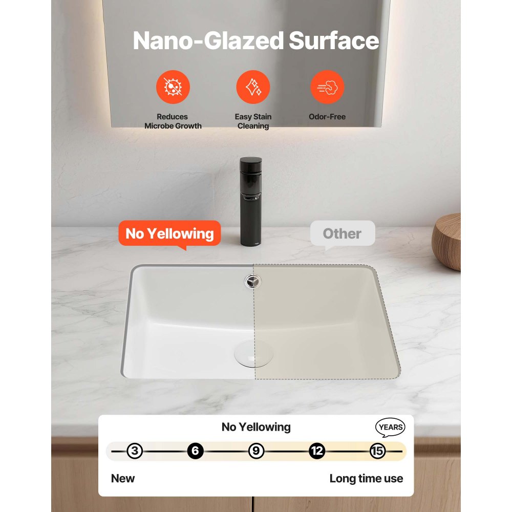 VEVOR Undermount Bathroom Sink, 18.5 x 13.19 Inch Rectangular White Ceramic Vessel Sink with Overflow Hole, Under Counter Drop in Modern Lavatory Vanity Bath Wash Bowl Basin, Rectangle Small Space