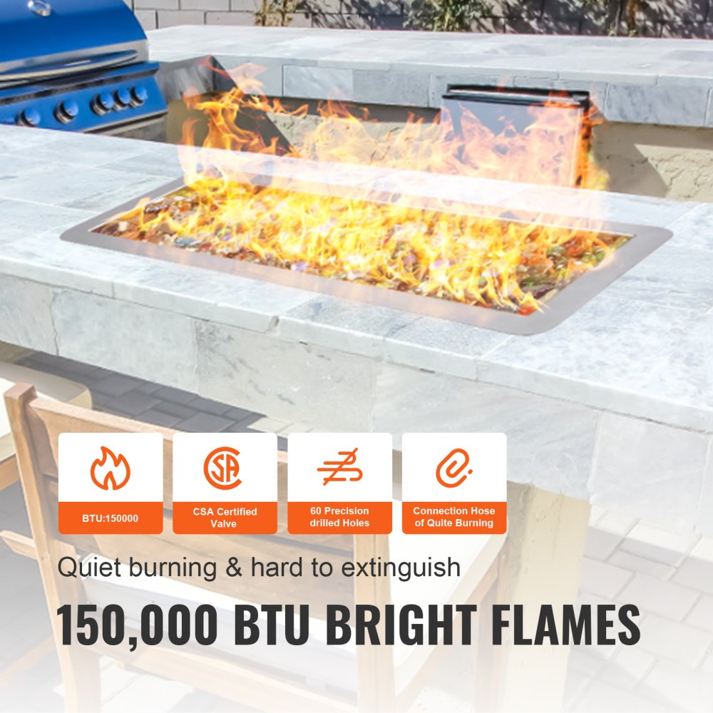VEVOR 36 x 12 inch Drop-in Fire Pit Pan, Rectangular Stainless Steel Fire Pit Burner Kit, Natural & Propane Gas Fire Pan 150,000 BTU with H-Burner for Indoor or Outdoor Use