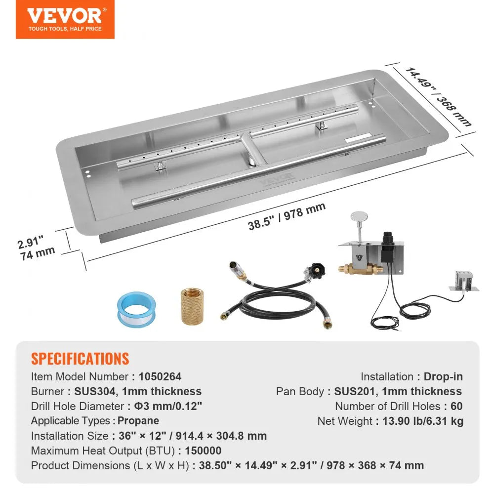 VEVOR 36 x 12 inch Drop-in Fire Pit Pan, Rectangular Stainless Steel Fire Pit Burner Kit, Natural & Propane Gas Fire Pan 150,000 BTU with H-Burner for Indoor or Outdoor Use