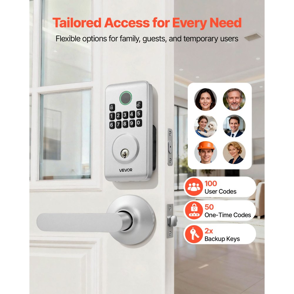VEVOR Keyless Entry Door Lock with Handle Set, Electronic Keypad Deadbolt with Lever Handles, Pioneering Easy-Grip Design, Customizable User Codes, Keyed Entry, Auto Lock, Anti-Peeking, Silver