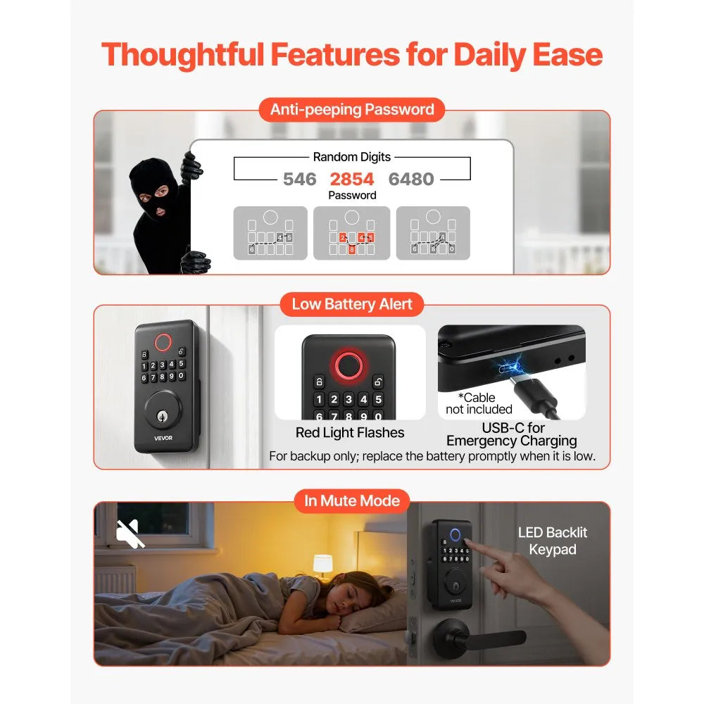 VEVOR Keyless Entry Door Lock with Handle Set, Electronic Keypad Deadbolt with Lever Handles, Pioneering Easy-Grip Design, Customizable User Codes, Keyed Entry, Auto Lock, Anti-Peeking, Matte Black