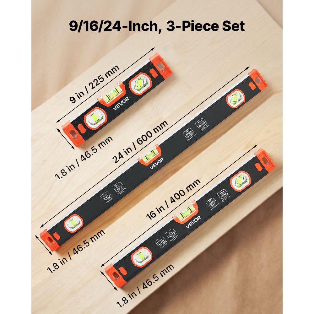 VEVOR Torpedo Level, 3-Piece Included 9/16/24 in, Magnetic Leveler Tool Set Aluminum Alloy, with Clear 3 Green Vials, V-Groove, Hanging Hole, Multi-angle Measurement for Construction Home Renovation