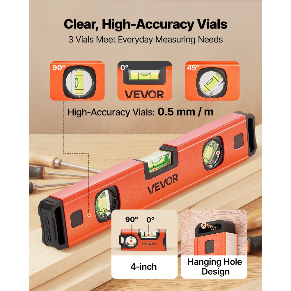 VEVOR Torpedo Level, 4-Piece Included 4/12/24/40 in, Magnetic Leveler Tool Set Aluminum Alloy, with Clear 3 Green Vials, Hanging Hole, Box Beam Multi-angle Measurement for Construction Home Renovation