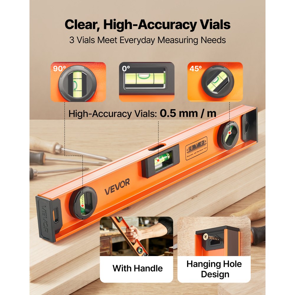 VEVOR Magnetic Level Set, 4-Piece Included 16/24/36/48 in, Aluminum Alloy I-Beam Bubble Leveler with Clear 3 Green Vials & Hanging Hole, Level Tool Ideal for Hanging Pictures, Home Improvement & DIY