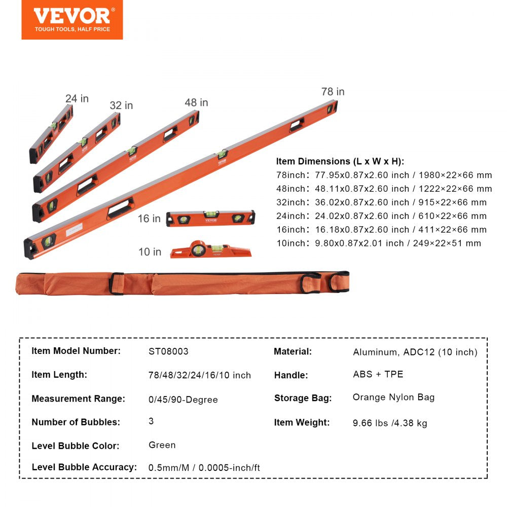 VEVOR Magnetic Torpedo Level, 78/48/32/24/16/10 in Mechanical Level Set, Bubble Vials Ruler for 45/90/180 Degree, Aluminum Alloy Leveler Tool w/ Viewing Window, Shock-Resistant for Plumbing, Wood
