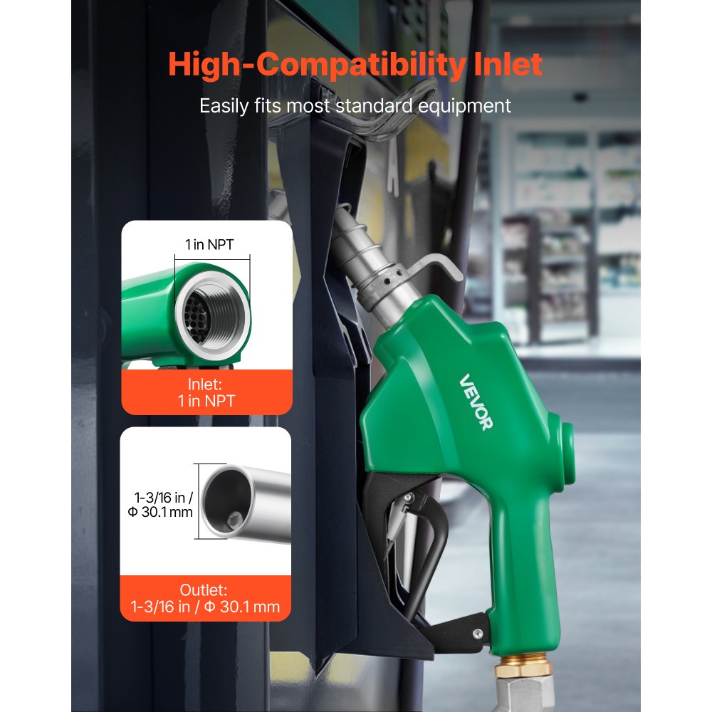 VEVOR 1 Inch NPT Automatic Fuel Nozzle with Swivel, Max Flow Rate 21.6 GPM, Auto Shut Off Diesel Gas Pump Nozzle with 3-Speed Trigger Lock & 1-3/16 in (OD=30.1 mm) Spout for Gasoline, Diesel, Kerosene
