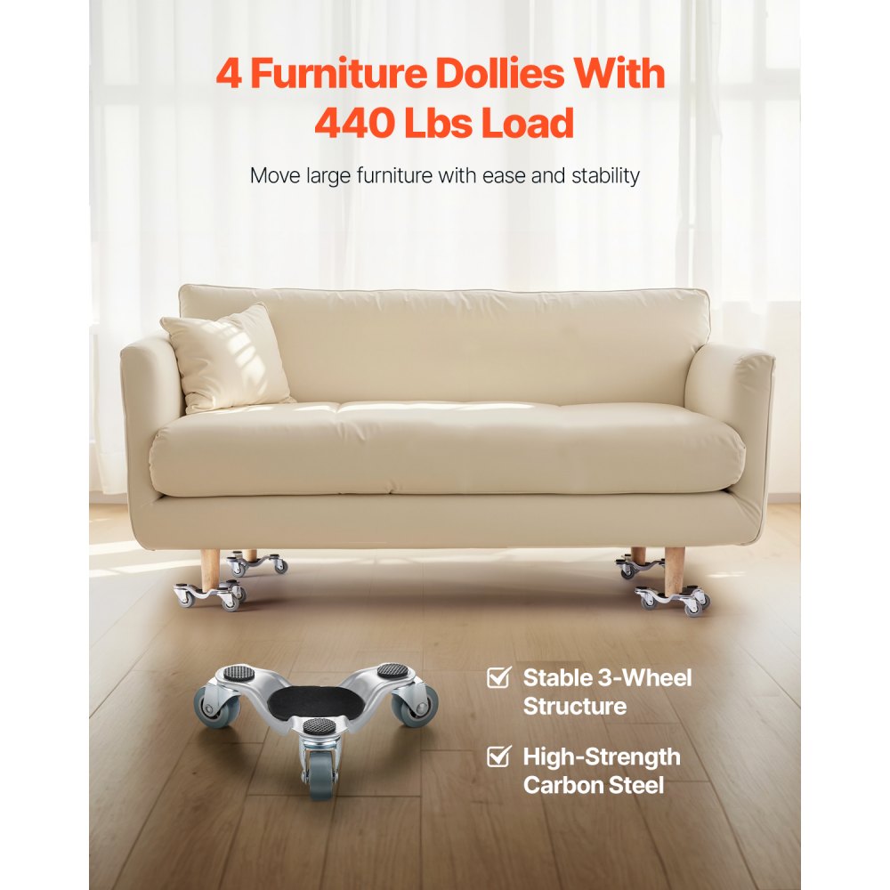 VEVOR Furniture Dolly, 440 lbs Load Capacity, 3 Wheel Steel 6.3" Tri-dolly Heavy Duty Mover with Triangle Swivel Caster, Carbon Steel Panel, Furniture Lift Mover Tool Set for Appliances, Sofa, Fridge