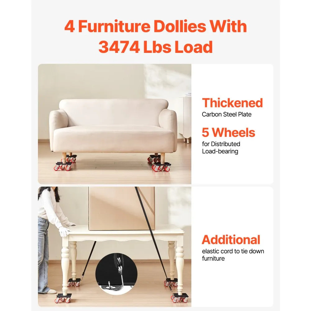 VEVOR Furniture Dolly, Maximum Load 3474 lbs, Heavy Duty Furniture Movers with 5 360° Rotation Wheels, Carbon Steel Panel, Furniture Lift Slider Tool Set for Appliances, Sofa, Fridge, Washing Machine