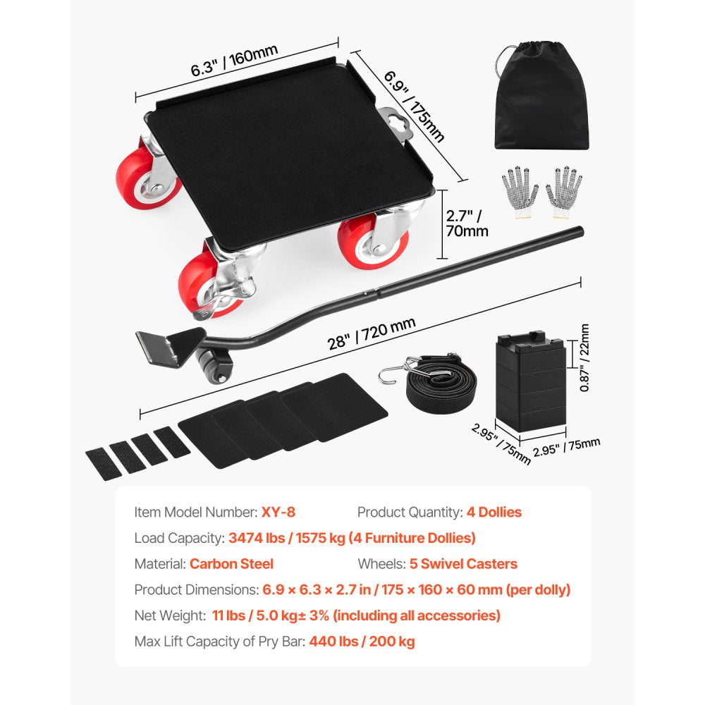VEVOR Furniture Dolly, Maximum Load 3474 lbs, Heavy Duty Furniture Movers with 5 360° Rotation Wheels, Carbon Steel Panel, Furniture Lift Slider Tool Set for Appliances, Sofa, Fridge, Washing Machine