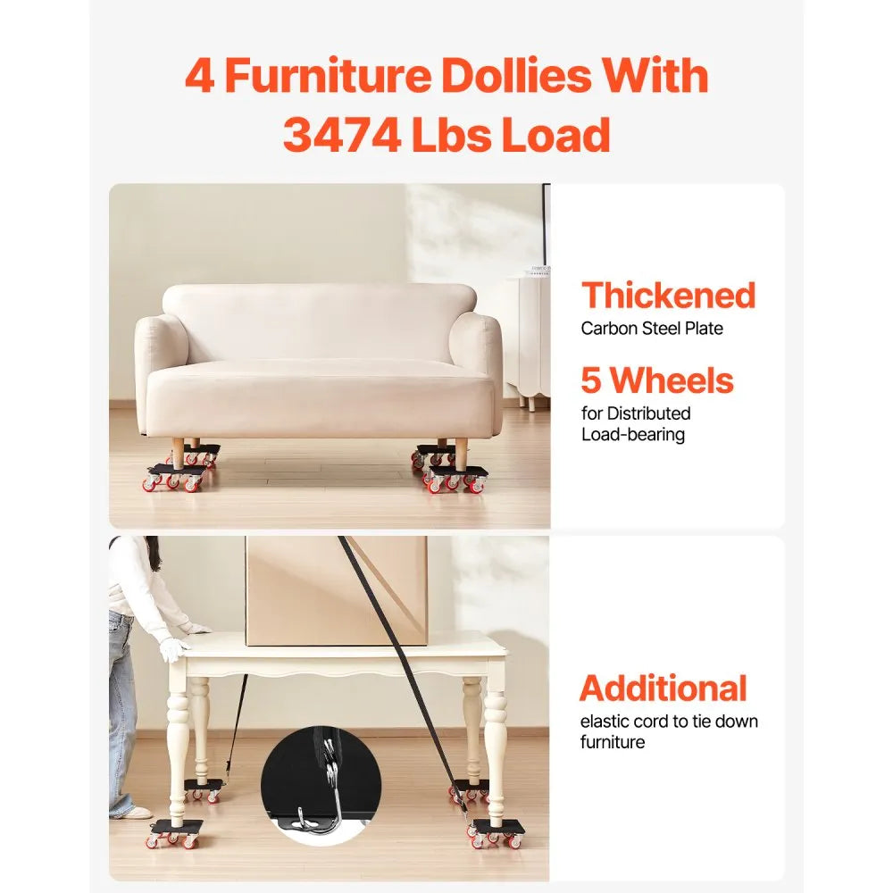 VEVOR Furniture Dolly, Maximum Load 3474 lbs, Heavy Duty Furniture Movers with 5 360° Rotation Wheels, Carbon Steel Panel, Furniture Lift Slider Tool Set for Appliances, Sofa, Fridge, Washing Machine