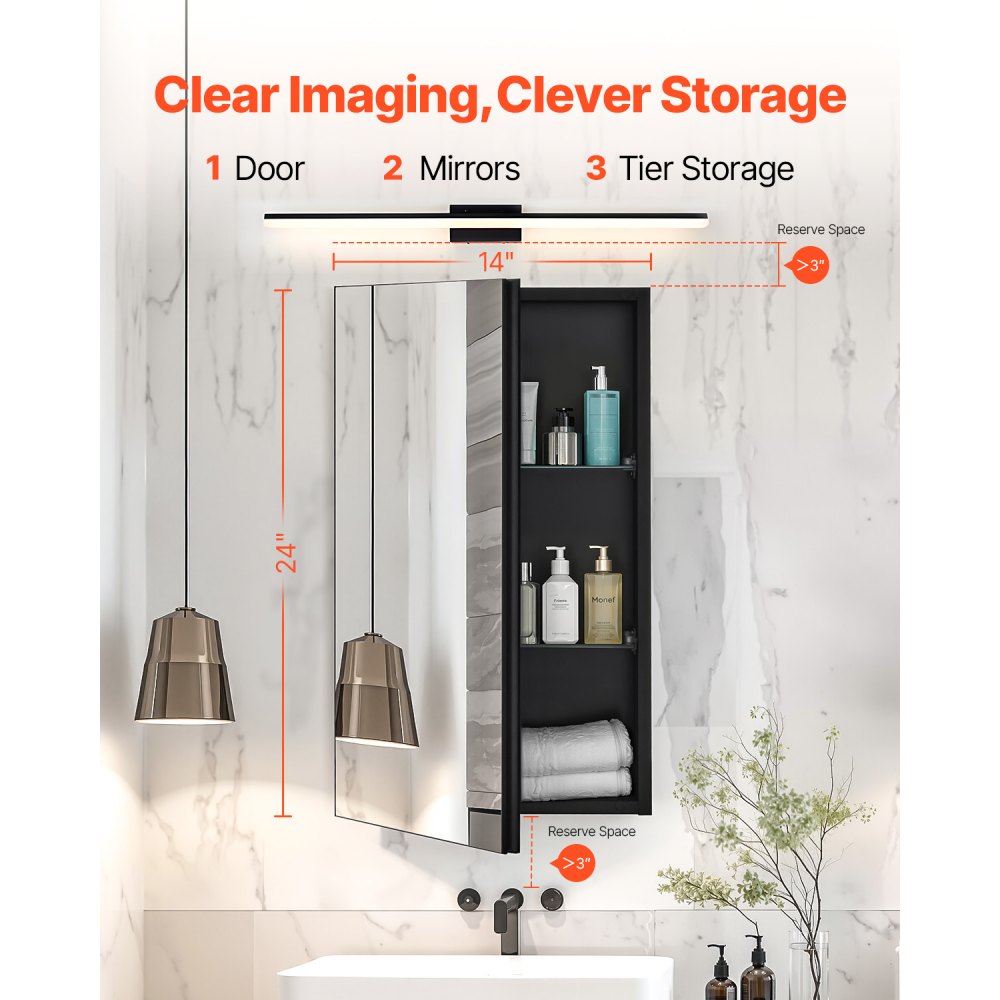 VEVOR Medicine Cabinet, 14 x 24 inches, Medicine Cabinet for Bathroom with Mirror,  Aluminum Frame Bathroom Wall Cabinet, 2-layer Adjustable Shelves, Recessed & Wall-mounted Installation