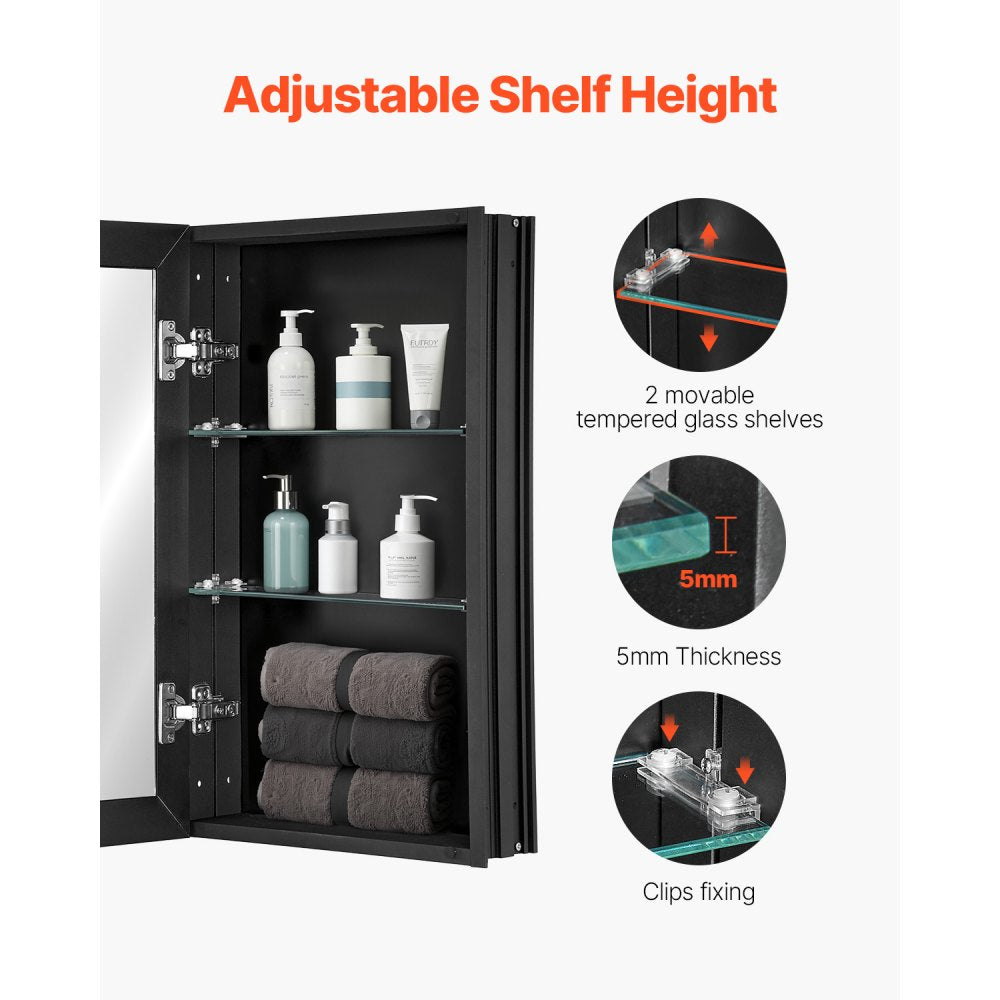 VEVOR Medicine Cabinet, 14 x 24 inches, Medicine Cabinet for Bathroom with Mirror,  Aluminum Frame Bathroom Wall Cabinet, 2-layer Adjustable Shelves, Recessed & Wall-mounted Installation