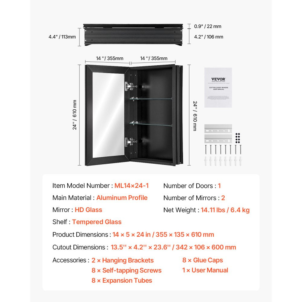 VEVOR Medicine Cabinet, 14 x 24 inches, Medicine Cabinet for Bathroom with Mirror,  Aluminum Frame Bathroom Wall Cabinet, 2-layer Adjustable Shelves, Recessed & Wall-mounted Installation