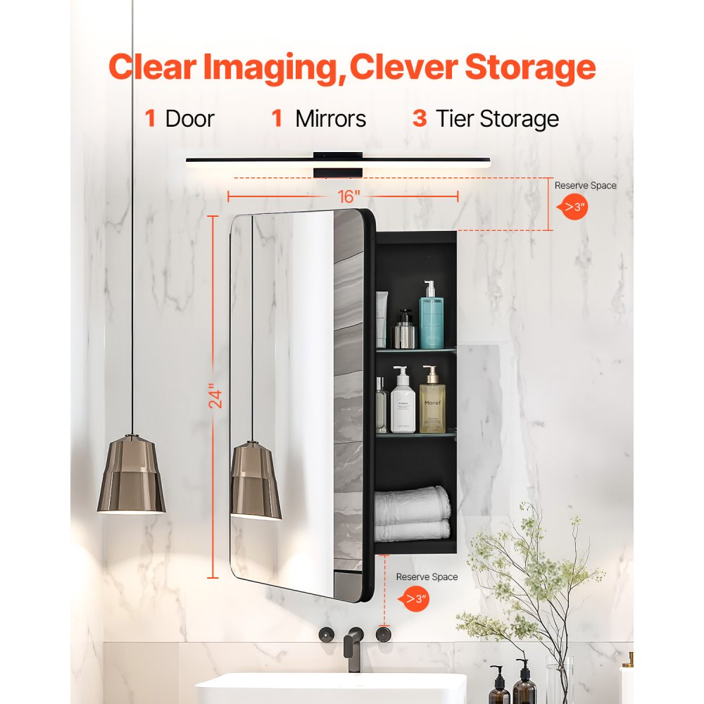VEVOR Medicine Cabinet, 16 x 24 inch, Medicine Cabinet for Bathroom with Mirror,  Aluminum Frame Bathroom Wall Cabinet, 2-layer Adjustable Shelves, Recessed & Wall-mounted Installation