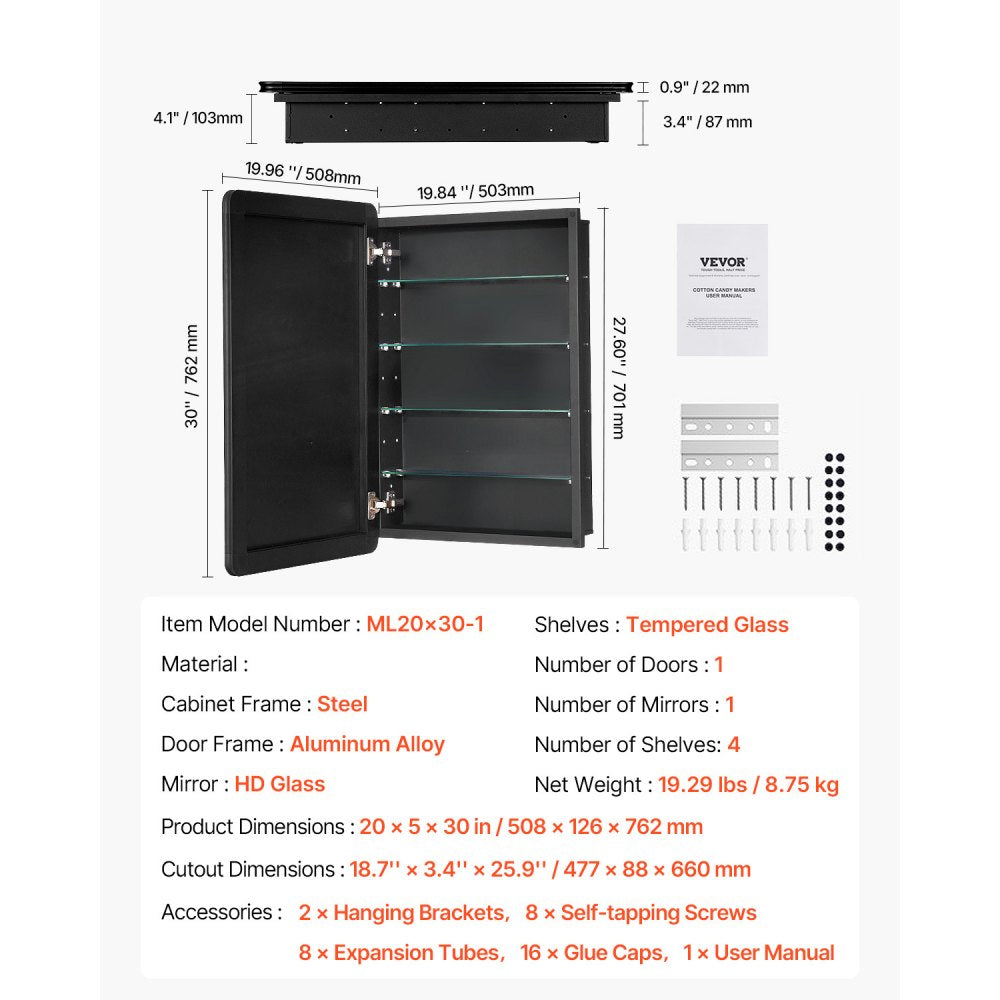 VEVOR Medicine Cabinet, 20 x 30 inch, Medicine Cabinet for Bathroom with Mirror,  Aluminum Frame Bathroom Wall Cabinet, 4-layer Adjustable Shelves, Recessed & Wall-mounted Installation