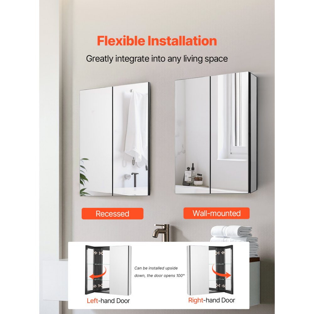 VEVOR Medicine Cabinet, 26 x 30 inch, Medicine Cabinet for Bathroom with Mirror,  Aluminum Frame Bathroom Wall Cabinet, 2-layer Adjustable Shelves, Recessed & Wall-mounted Installation