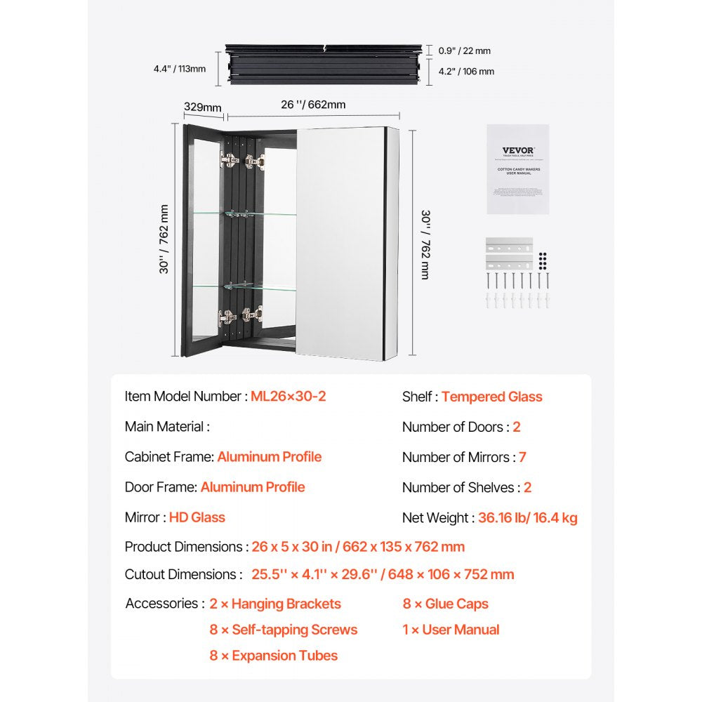 VEVOR Medicine Cabinet, 26 x 30 inch, Medicine Cabinet for Bathroom with Mirror,  Aluminum Frame Bathroom Wall Cabinet, 2-layer Adjustable Shelves, Recessed & Wall-mounted Installation
