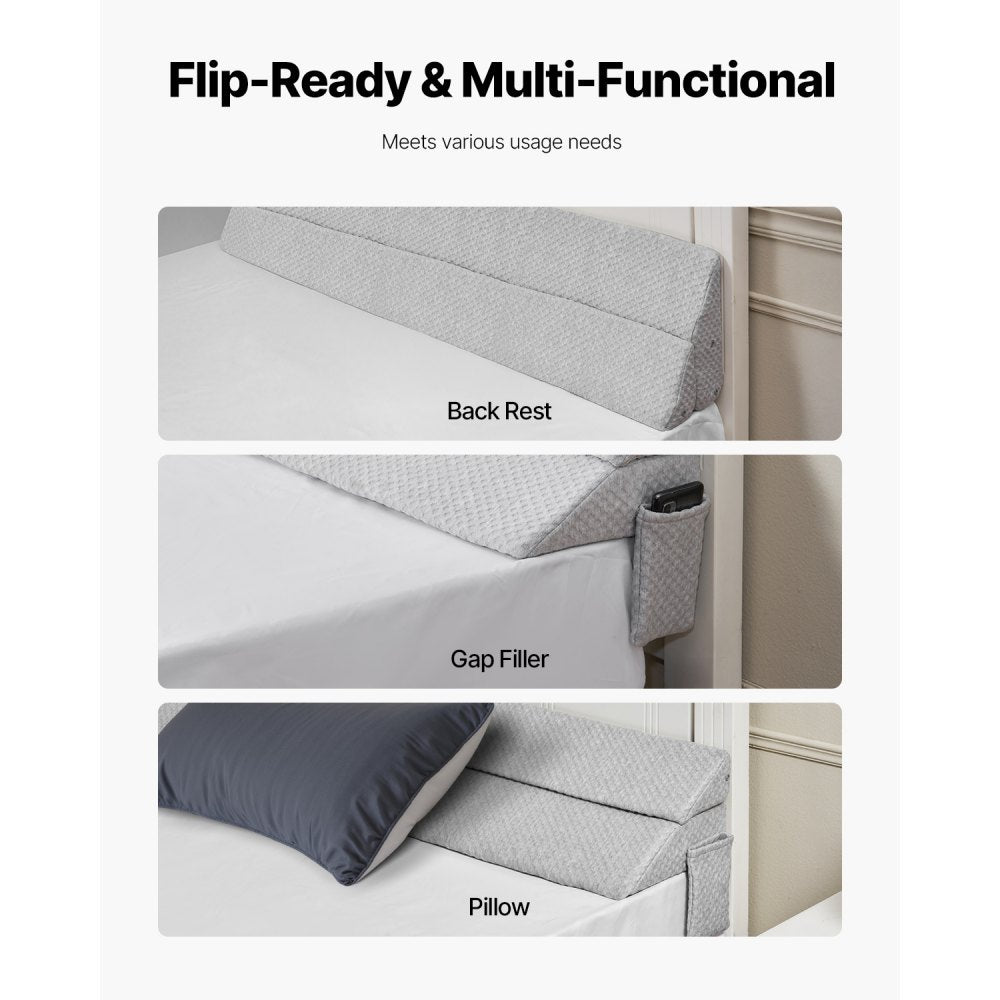 VEVOR Bed Wedge Pillow for Headboard, Queen Size, 60"x10"x6" Bed Gap Filler, Fill 0-7" Gap Between Headboard and Mattress, 25D Foam Mattress Wedge Headboard Pillow with Side Pocket, for Backrest, Gray