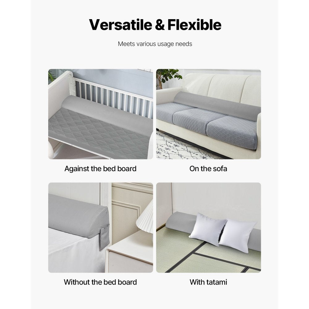 VEVOR Bed Wedge Pillow for Headboard, King Size, 72"x10"x6" Bed Gap Filler, Fill 0-7" Gap Between Headboard and Mattress, 25D Foam Mattress Wedge Headboard Pillow with Side Pocket, for Backrest, Gray