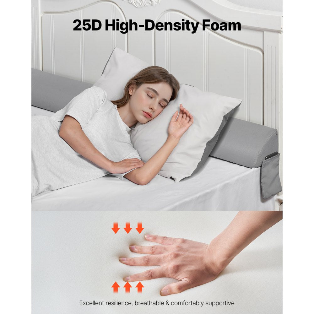 VEVOR Bed Wedge Pillow for Headboard, King Size, 76"x6"x4.5" Bed Gap Filler, Fill 0-4" Gap Between Headboard and Mattress, 25D Foam Mattress Wedge Headboard Pillow with Side Pocket, for Backrest, Gray