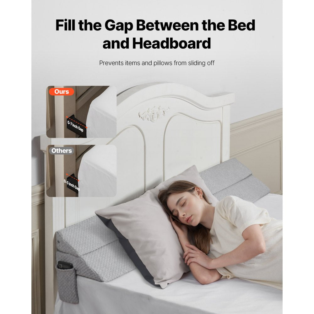 VEVOR Bed Wedge Pillow for Headboard, King Size, 76"x10"x6" Bed Gap Filler, Fill 0-7" Gap Between Headboard and Mattress, 25D Foam Mattress Wedge Headboard Pillow with Side Pocket, for Backrest, Gray