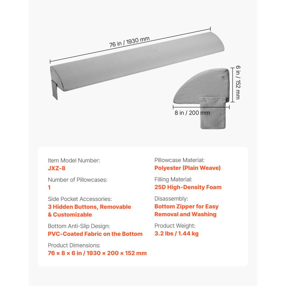 VEVOR Bed Wedge Pillow for Headboard, King Size, 76"x8"x6" Bed Gap Filler, Fill 0-5" Gap Between Headboard and Mattress, 25D Foam Mattress Wedge Headboard Pillow with Side Pocket, for Backrest, Gray