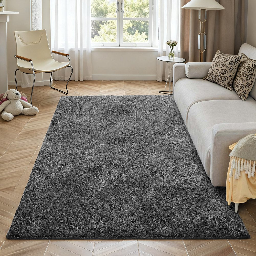 VEVOR Indoor Plush Area Rugs, 5 x 8 ft Soft Plush Carpet, Furry Shag Area Rugs for Living Room, Bedroom, Sunroom, Modern Home Decor Aesthetic, Non-Shedding, Non-Woven, Slip-Resistant, Dark Gray