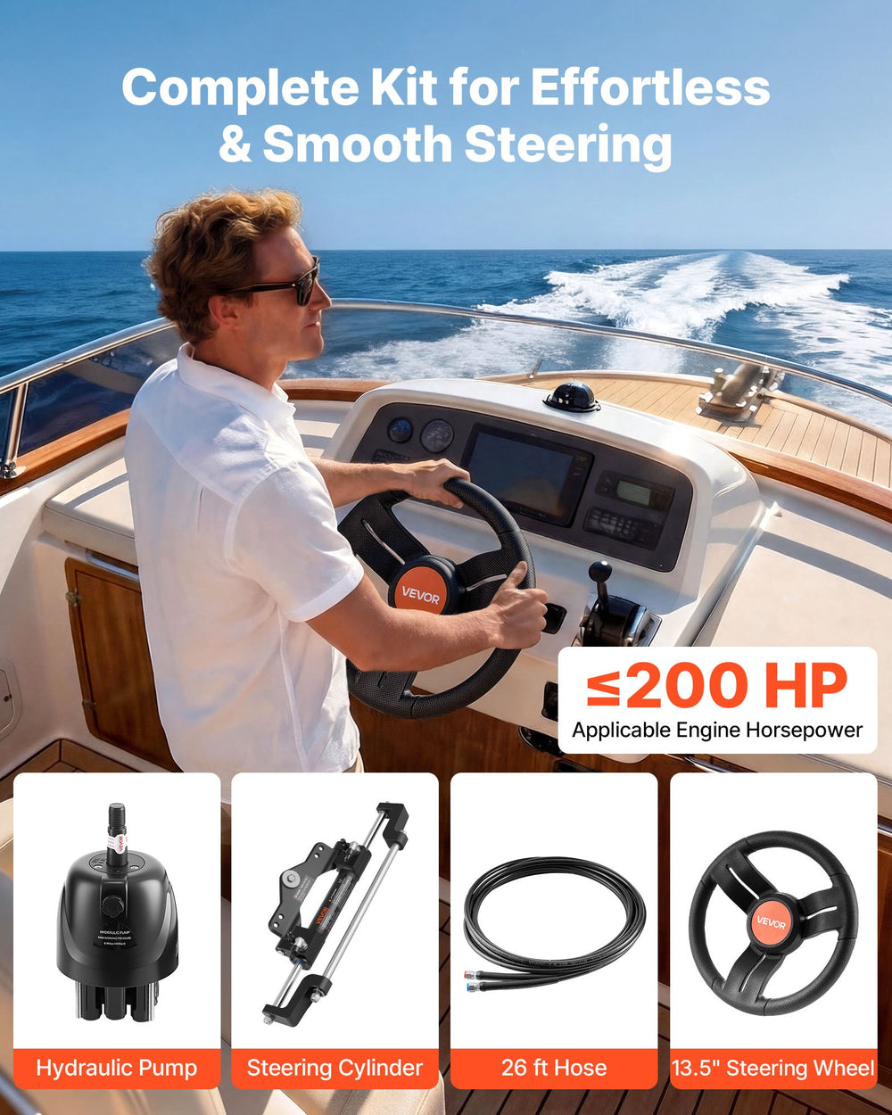 VEVOR Outboard Hydraulic Steering Kit, 200 HP, Marine Boat Hydraulic Steering System with 6.9 MPa Two-Way Lock Helm Pump, Cylinder, 2 PCS 26 ft Hoses, 13.5" Wheel for Single Station, Single-Engine Use