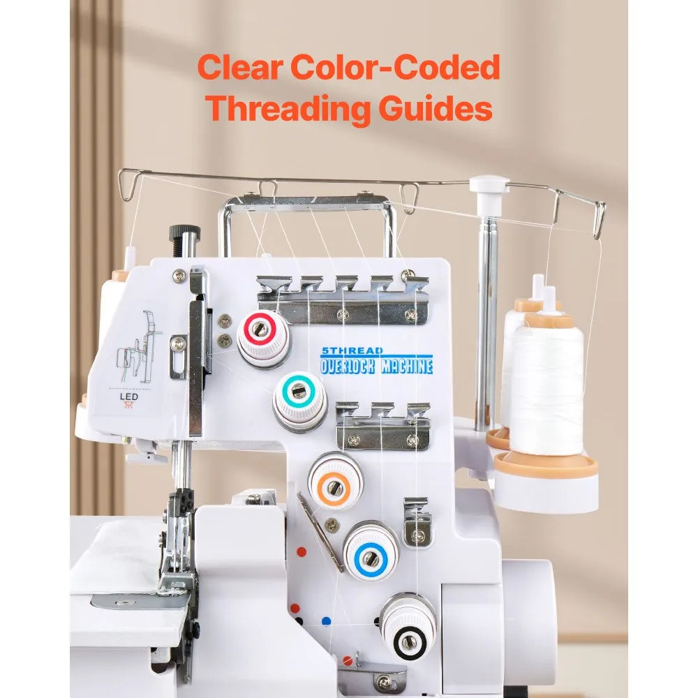 VEVOR Serger Overlock Sewing Machine, 1250 Stitches Per Minute, 2-3-5 Thread Capability, with LED Light and Strong Suction Feet, Heavy-Duty Metal Frame Sewing Machine for Various Fabrics, White