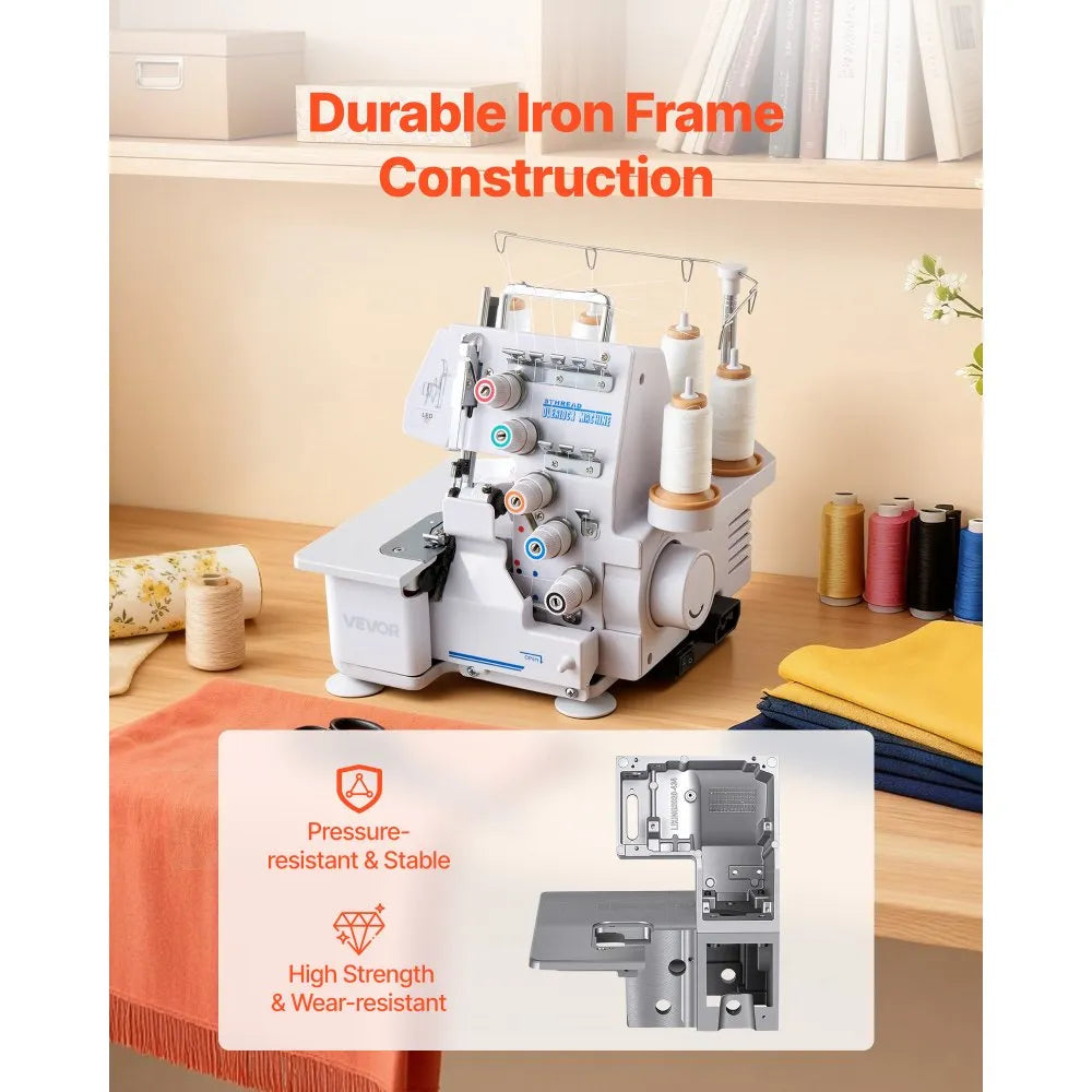 VEVOR Serger Overlock Sewing Machine, 1250 Stitches Per Minute, 2-3-5 Thread Capability, with LED Light and Strong Suction Feet, Heavy-Duty Metal Frame Sewing Machine for Various Fabrics, White