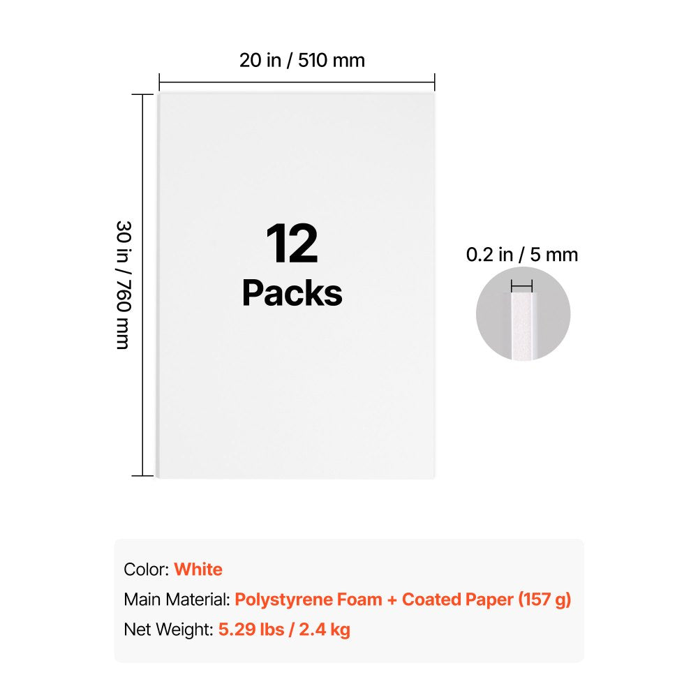 VEVOR Foam Board, 12 Pack 20 x 30 in, 3/16 in Thickness White Poster Board, for Mounting, Crafts, Paintings Prints, Art, Display, Presentation and Projects, Acid-Free Double Sided Foam Core Sheets