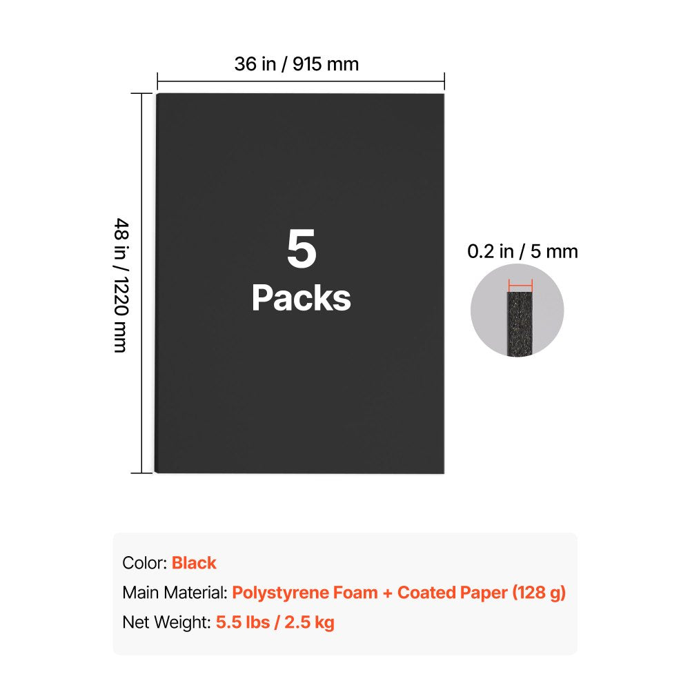 VEVOR Foam Board, 5 Pack 36 x 48 in, 3/16 in Thickness Black Poster Board, for Mounting, Crafts, Paintings Prints, Art, Display, Presentation and Projects, Acid-Free Double Sided Foam Core Sheets