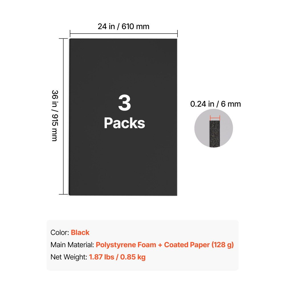 VEVOR Foam Board, 3 Pack 24 x 36 in, 1/4 in Thickness Black Poster Board, for Mounting, Crafts, Paintings Prints, Art, Display, Presentation and Projects, Acid-Free Double Sided Foam Core Sheets