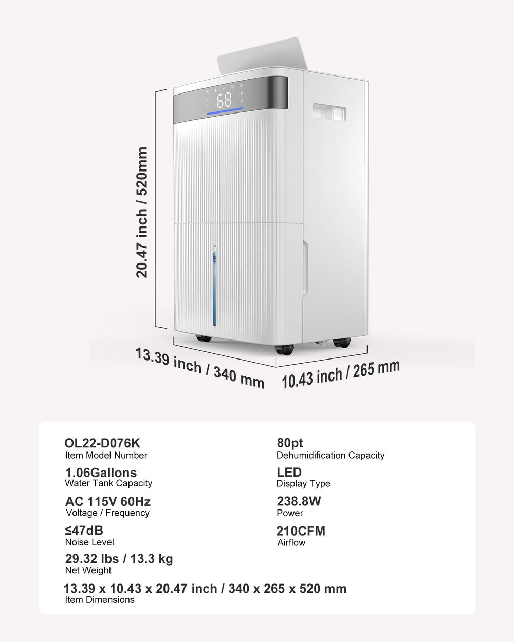 VEVOR 80 Pints Dehumidifier for Home & Basement, Drain Hose for Commercial & Industrial Use, Smart Humidity Control, Low Noise for Large Rooms, Warehouses, Bedrooms & Storage, Large Coverage,White