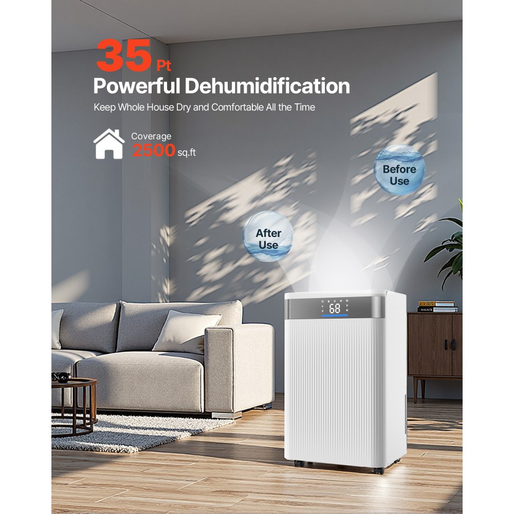 VEVOR 35 Pints Dehumidifier for Home & Basement, Drain Hose for Commercial & Industrial Use, Smart Humidity Control, Low Noise for Large Rooms, Warehouses, Bedrooms & Storage, Large Coverage,White