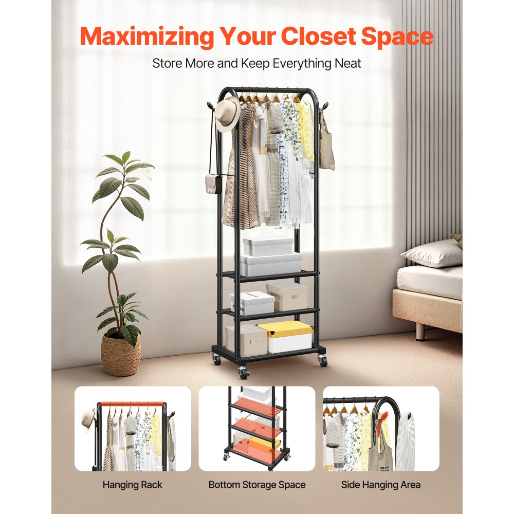 VEVOR Clothes Rack, Rolling Clothing Garment Rack with Hanging Rod and Side Hooks, 3 Storage Shelves, 99 lbs Load Capacity, Heavy Duty Carbon Steel Clothing Racks for Bedroom, Laundry, Living Room