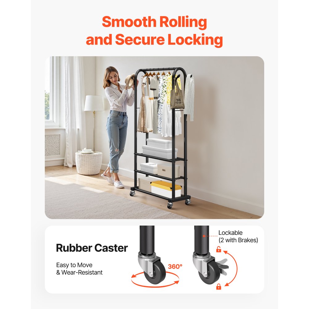 VEVOR Clothes Rack, Rolling Clothing Garment Rack with Hanging Rod and Side Hooks, 3 Storage Shelves, 99 lbs Load Capacity, Heavy Duty Carbon Steel Clothing Racks for Bedroom, Laundry, Living Room