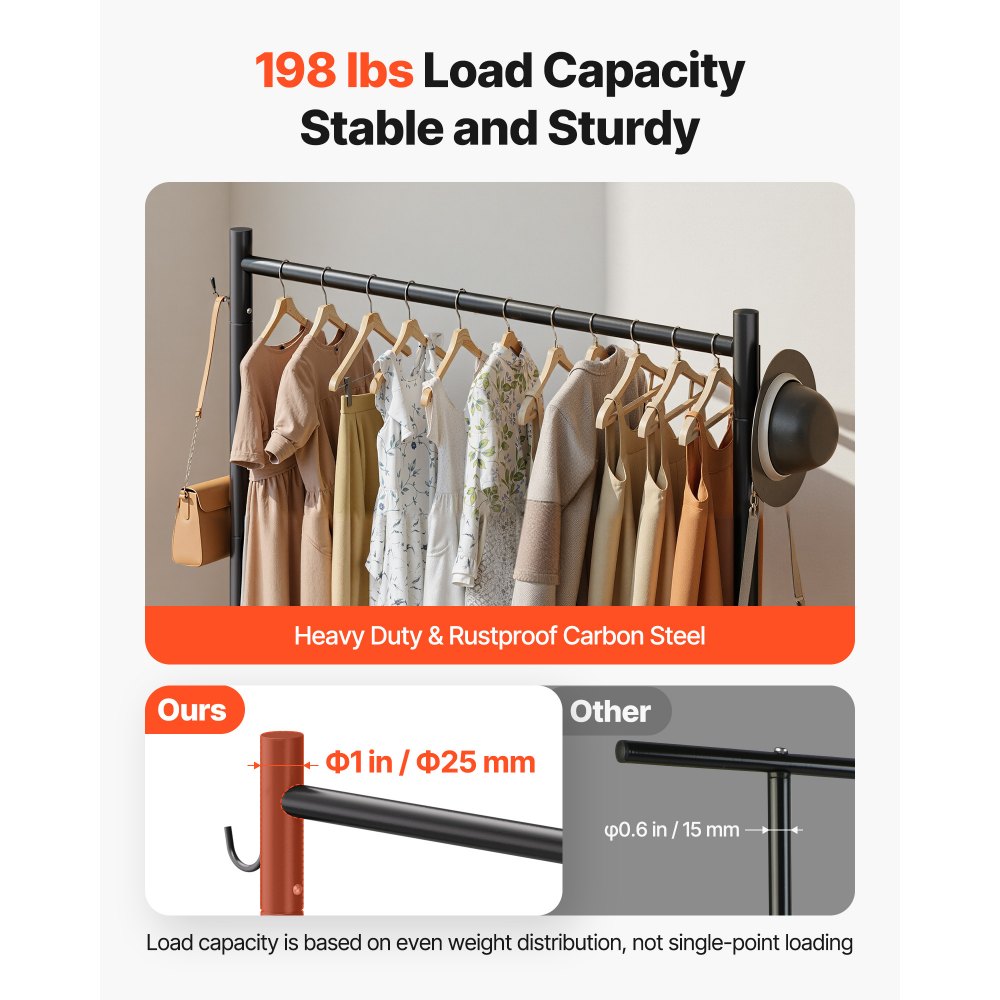 VEVOR Clothes Rack, Rolling Clothing Garment Rack with Hanging Rod and Side Hooks, 198 lbs Load Capacity, Heavy Duty Carbon Steel Clothing Racks with Wheels, Ideal for Bedroom, Laundry, Living Room